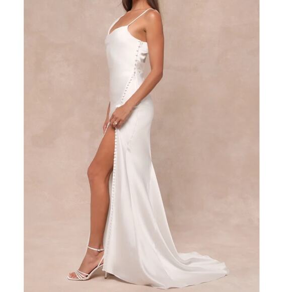 Lulus Lux Bridal NWT Unforgettable Adoration White Satin Asymmetrical Gown Dress - Picture 2 of 14